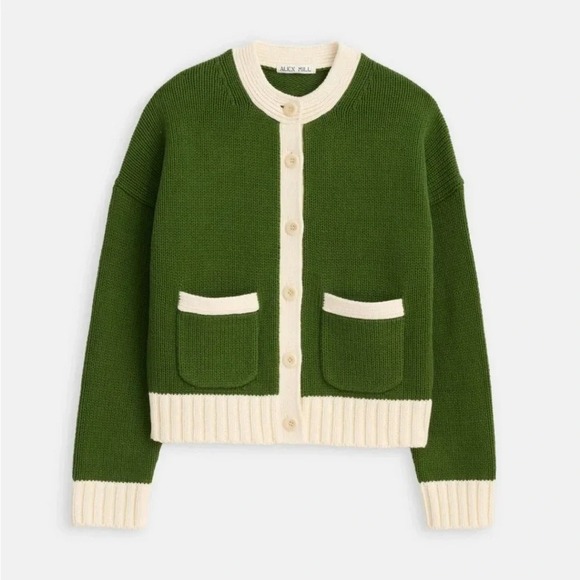 Alex Mill Sweaters - Alex Mill Nico Tipped Cardigan Medium Leaf Green Ivory White 100% Cotton Sweater